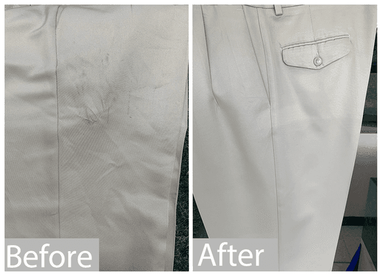 This customer came to us upset that his seat belt had stained his favorite slacks. Stain removed!