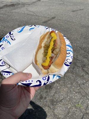 Hot Dog w "Everything" (relish, onion, mustard, never ketchup). $3