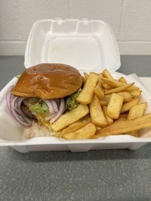 California burger with steak fries.