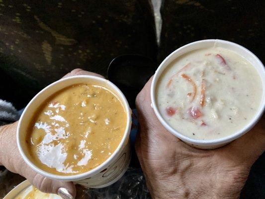 Lobster bisque (left) and New England clam chowder