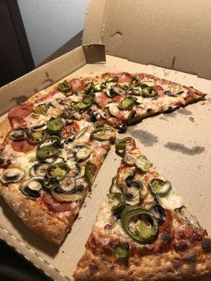 Large mushroom, jalapeño n pepperoni. Was so hungry had to dig in