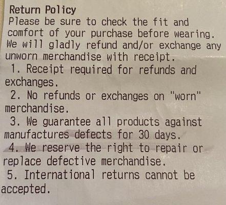 Return Policy not honored in-store but if you mail in your return and pay 7.95 then they will refund your money