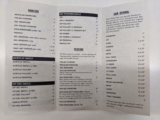 Pricing menu