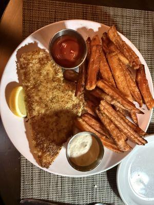 Panko breaded haddock fish fry.  Nice sized fish. Wonderful sweet potato fries, tartar, lemon, catsup