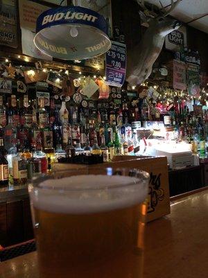 The bar. Beer in foreground. Dead animal in background.