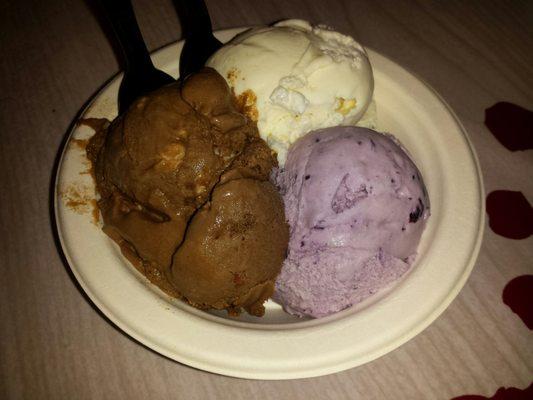 Scoops of Rocky Road, Pina Colada, and Huckleberry