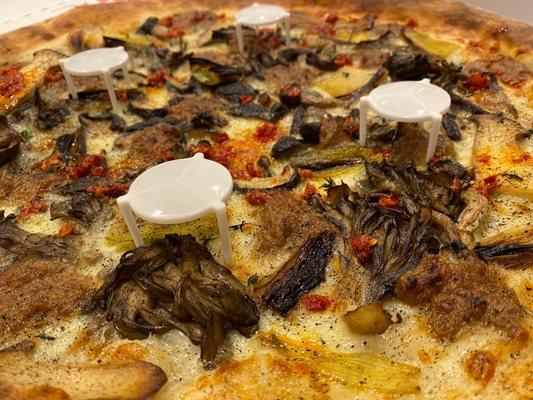 Wild Foraged Mushroom Pizza (extra credit - one weekend only) Mushroom cream sauce, mushroom medley, brown butter roasted leeks and more.