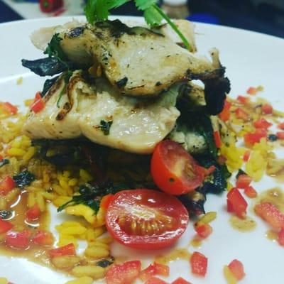 Grilled Rainbow Trout with Callaloo, Spanish Rice and Ackee