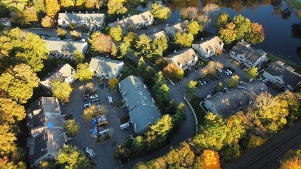 Aerial view of a recent roof replacement project we are completed at a nearby community.