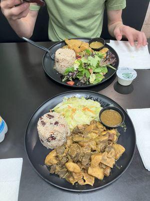 Curried Goat (foreground) and curried chicken.