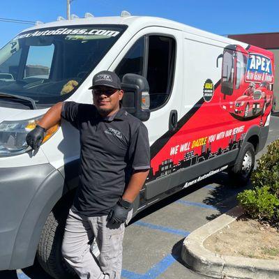 Another veteran technician in front of our mobile auto glass repair van in Santa Barbara, CA