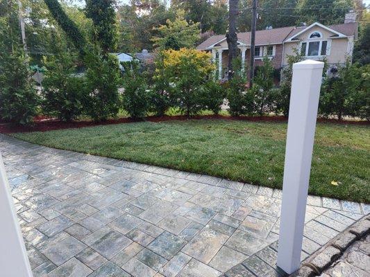 Beautiful backyard patio with privacy hedge by Bianco's Landscaping & Masonry.