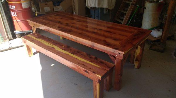 Custom made cedar table and benches.