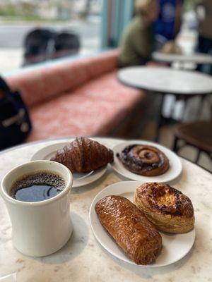 Coffee, croissant, chocolate pastry