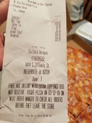 Receipt for deluxe pizza we didnt get...again.