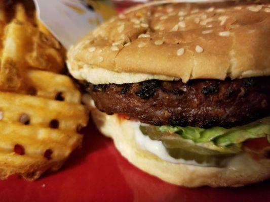 Beyond Famous Star Burger (meatless burger) with Waffle Fries