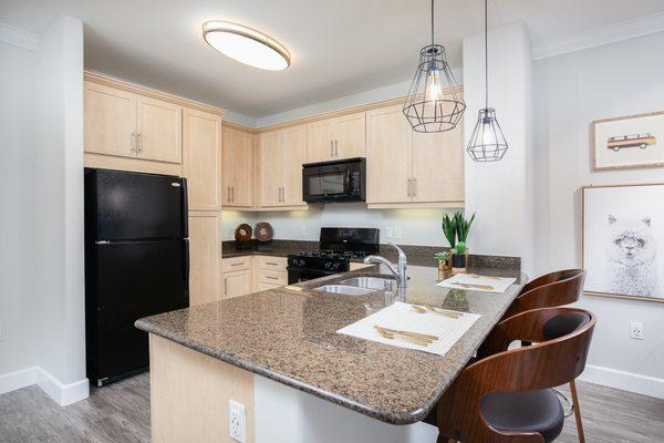 Modern light fixtures and plenty of counter space at Stadium House