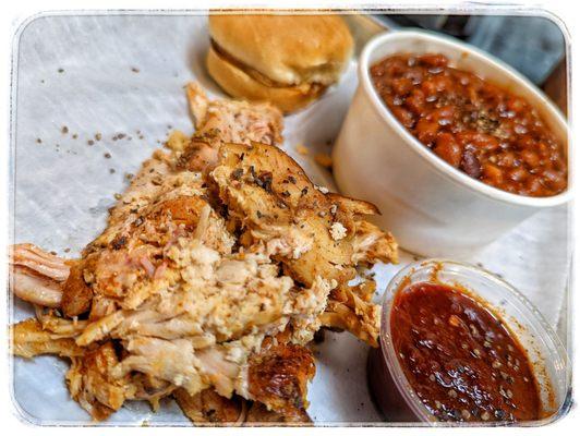 Pulled Smoked Chicken , Baked Beans. All terrific