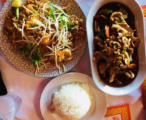 Left: Shrimp Pad Thai. Right: Spicy Cashew Chicken