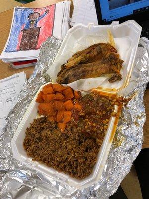 Baked turkey wings, yams, peas and rice, and tomatoes, corn, and okra