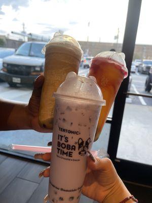 Caramel frappe, Taro Milk Tea with Boba, and Mango Dragon