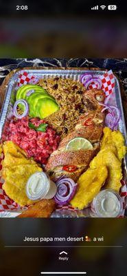 Rice Haitian salad russe plantain fish avocado