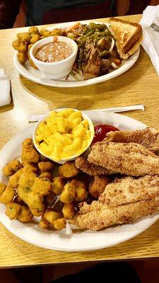 Fried Catfish with Mac n' Cheese and Fried Okra.  Pot Roast Dinner with Pinto Beans and Fried Okra.