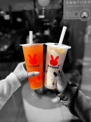 Coconut grass jelly milk tea and peach mango | ig: whaEVAeats