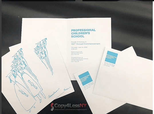 Professional Children's School 102nd Annual Commencement invites printed in color double sided on 80# uncoated cover. Flat size 17x10 score