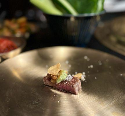 Snow Flower Kkotsal: Australian Wagyu Boneless Short Rib - server dressed it w/ wasabi, maldon salt, ssamjang, fried garlic