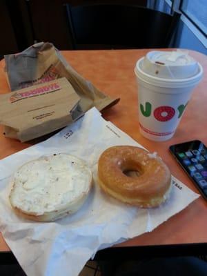 Bagel. Glazed donut and a med hot peppermint mocha coffer. Delicious