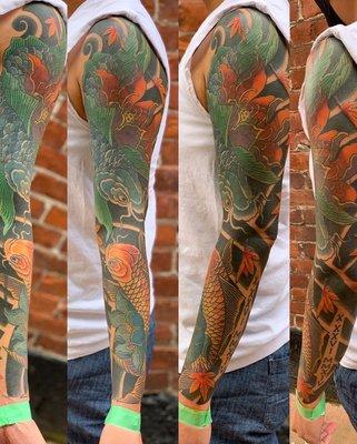 Finished cover up // koi fish tattoo sleeve. Artist: Shauna Rodriguez