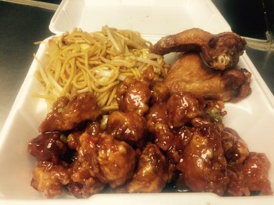 General Tso's Chicken with chicken Lomein and chicken wings