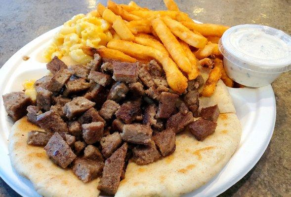 Gyro Platter with Mac n' Cheese & French Fries. The Tzatziki Sauce is superb!