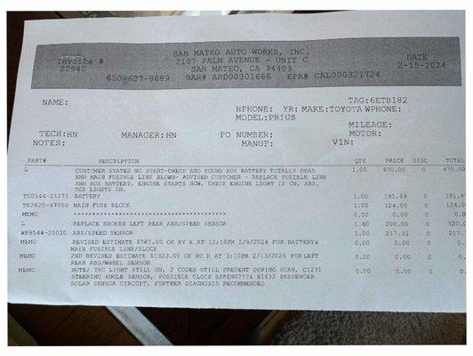 Invoice from San Mateo Auto Works