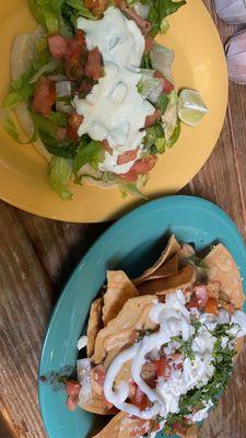 Fried fish taco and nachos with cheese sauce