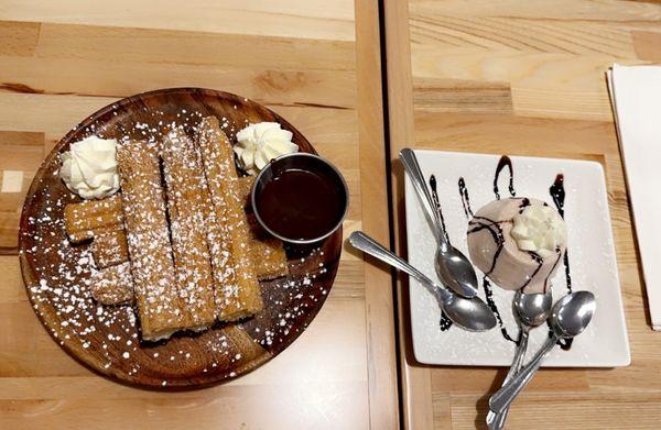 Churros with choc syrup and strawberry panna cotta.