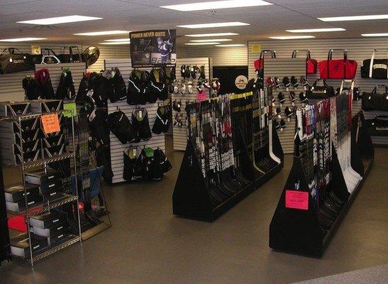 Our proshop carries a variety of skates, sticks, gloves, and equipment.