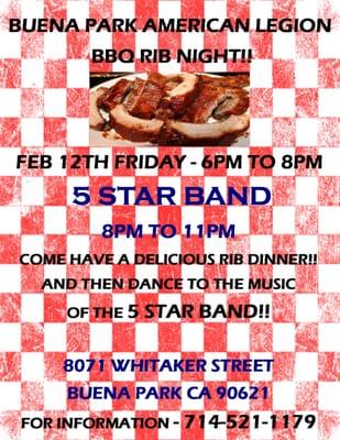 BABY BACK RIB NIGHT!! BRING YOUR FRIENDS AND FAMILY TO A NIGHT OF GREAT RIBS AND MUSIC BY "THE 5 STAR BAND" OLDIES MUSIC YOU CAN DANCE TO!!!