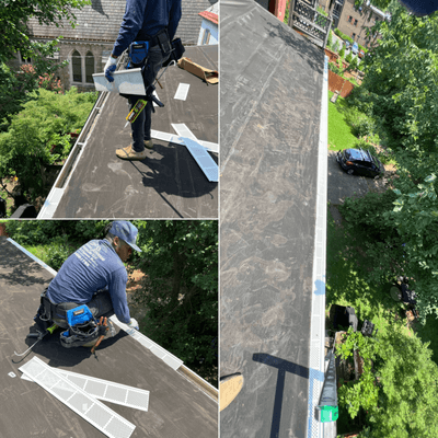 On left, the gutter and shield being replaced. On right, new gutters and shields. Going back to restore roof next week!