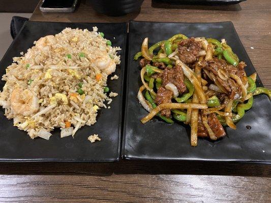 Shrimp fried rice and Pepper Steak with Onion