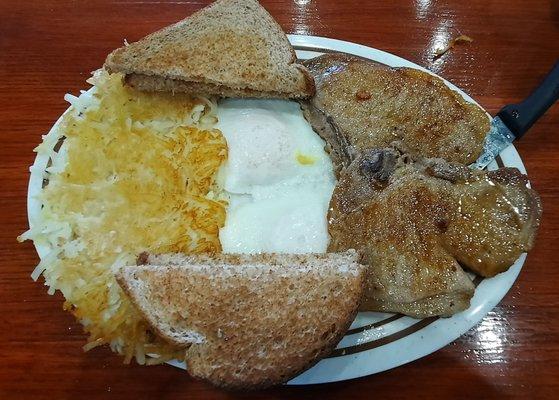 Wow, I'm good to dinner now! Broiled pork Chop breakfast. Delicious!!