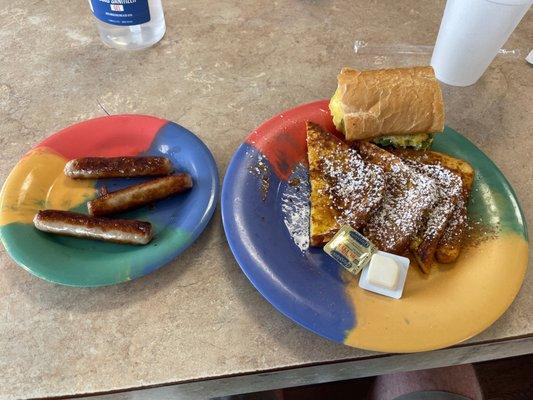 Peppered Egg Sandwich and a French Toast plate with sausage links