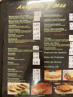 Updated menu as of 11/12/21. Prices did go up due to COVID, meat prices and exporting items from Mexico.