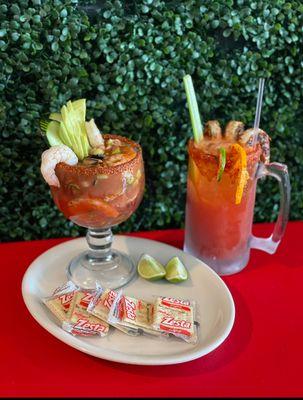 Campechana Mixto, Mixed seafood cocktail and a Super Michelada