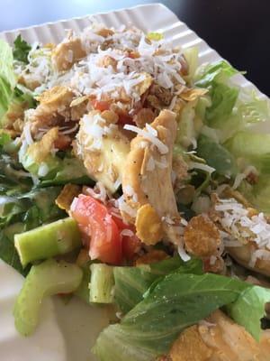 Just had the most delicious and refreshing salad for lunch! Coconut Chicken mixed greens, granola, walnuts, apple, tomato!