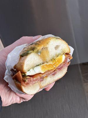 Jalapeño cheddar bagel bacon egg and cheese with dill