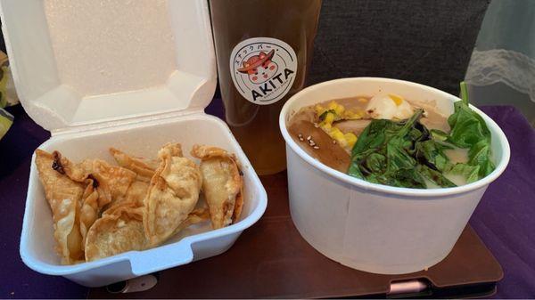 Pot stickers, tonkotsu ramen, and peach green tea with mango popping boba.