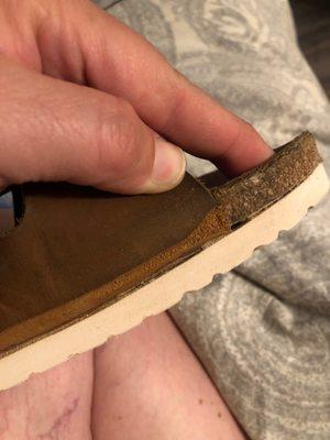 Damaged leather and poorly glued sole