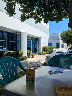 Outside seating area, cool breeze, quiet, and tranquil.